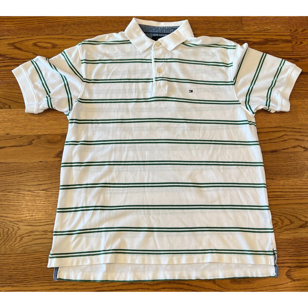 Mens Tommy Hilfiger Short Sleeve White & Green Striped Polo Shirt Size‎ XL
